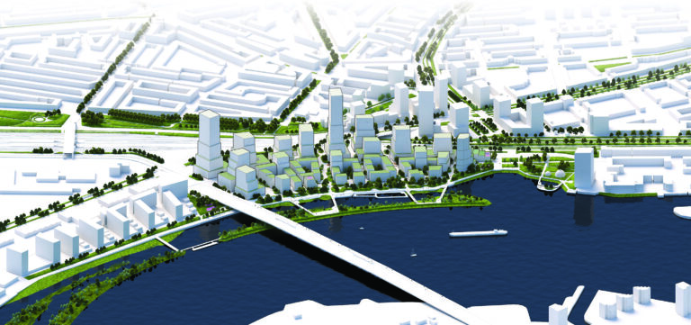 Artist impressie van het plangebied van Feyenoord City 2.0. We zien een nieuwe wijk en een groene waterkant.