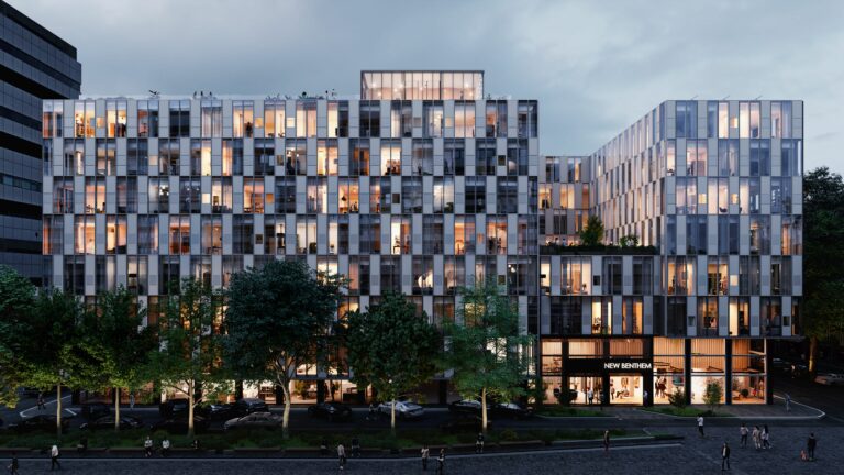 - Artist impression van de nieuwe studentenhuisvesting aan de Benthemstraat in de Agniesebuurt in Rotterdam. Beeldmateriaal afkomstig van WOMO Architects.